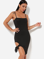Wholesale Black Off The Shoulder Sleeveless Plain Zip Back Slit Spaghetti Strap Self-Tie Dresses