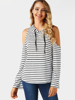 Wholesale Cold Shoulder Stripe Side Pockets Hooded Long Sleeve T-Shirts