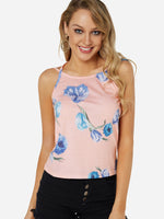Wholesale Crew Neck Halter Floral Print Backless Sleeveless Pink Camis
