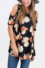 Wholesale Round Neck Cold Shoulder Floral Print Short Sleeve Top