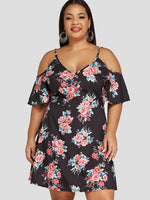 Wholesale V-Neck Cold Shoulder Floral Print Backless Spaghetti Strap Half Sleeve Flounced Hem Black Plus Size Dresses