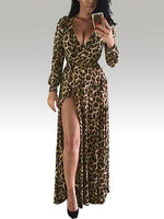 Wholesale V-Neck Long Sleeve Leopard Crossed Front Slit Hem Dress