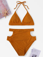 Wholesale Halter V-Neck Sleeveless Plain Backless Cut Out Tie-Up High Waist 2 Piece Bikinis