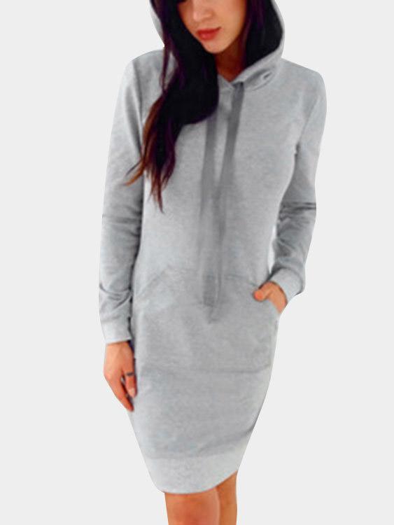 Wholesale Two Large Pockets Hooded Long Sleeve Burgundy Shirt Dresses