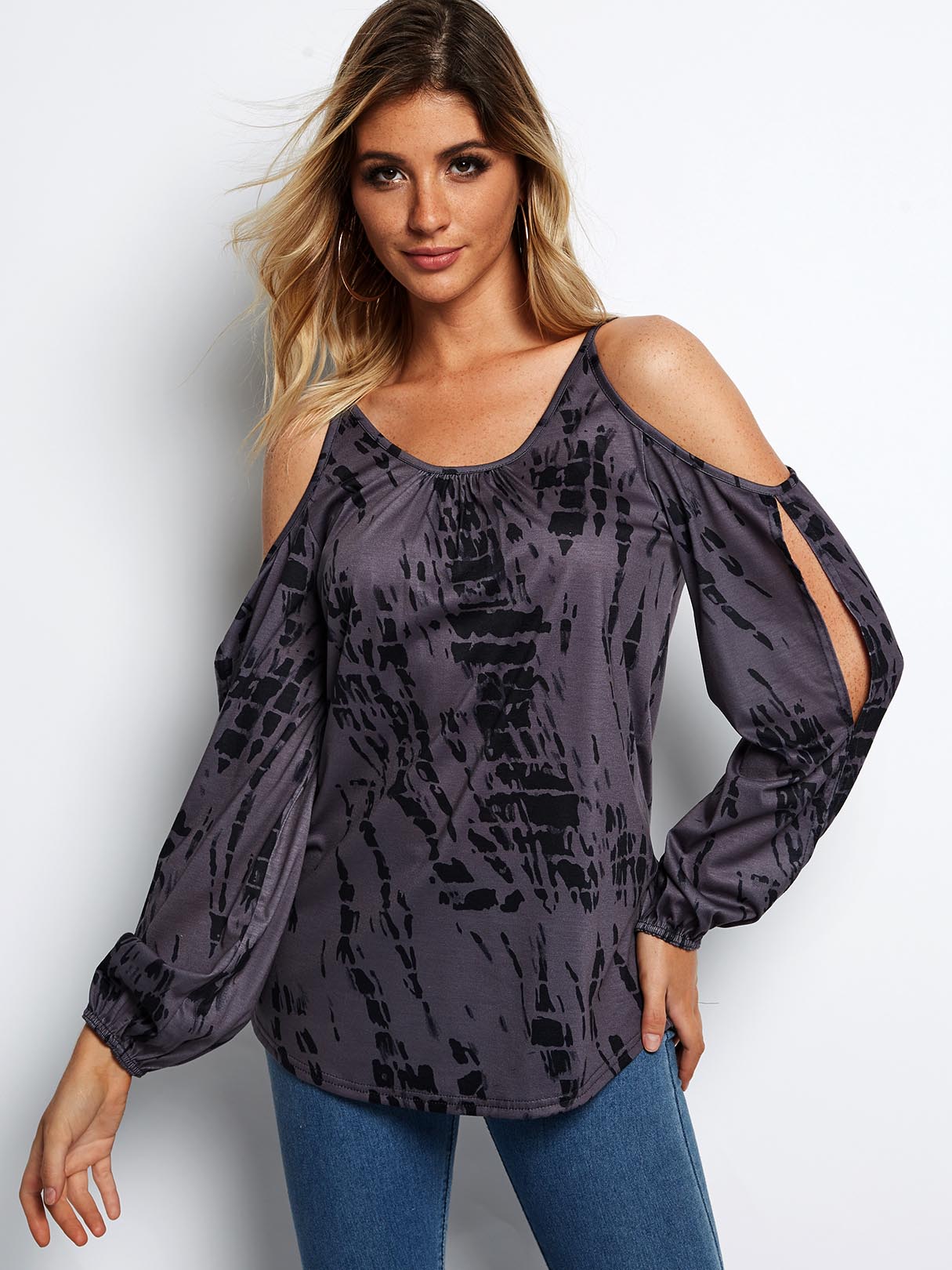 Wholesale Round Neck Printed Cut Out Long Sleeve Purple T-Shirts