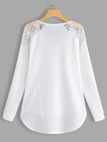 Wholesale V-Neck Plain Lace Zip Back Hollow Long Sleeve Curved Hem White T-Shirts