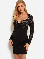 Wholesale Black Scoop Neck Long Sleeve Plain Lace Sexy Dress