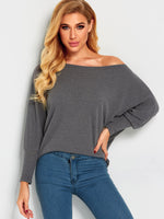 Wholesale Off The Shoulder Plain Long Sleeve Grey T-Shirts