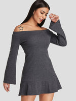 Wholesale Grey Off The Shoulder Long Sleeve Plain Ruffle Hem Dress