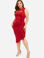 Wholesale Round Neck Letter Pleated Sleeveless Irregular Hem Red Plus Size Dress