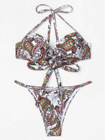 Wholesale Halter Sleeveless Floral Print Crossed Front Backless Lace-Up Bikinis