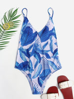 Wholesale Blue Deep V Neck Sleeveless Printed Backless Spaghetti Strap One-Pieces