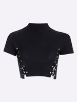 Wholesale Lace-Up Short Sleeve Black Top