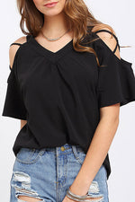 Wholesale V-Neck Cold Shoulder Half Sleeve Black T-Shirts