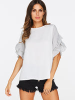 Wholesale Ruffle Trim Cuffs Round Neck T-Shirts