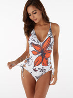 Wholesale Deep V-Neck Sleeveless Floral Print Backless Criss-Cross One-Piece Swimsuit