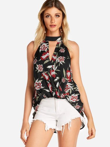 Wholesale V-Neck Floral Print Crossed Front Self-Tie Sleeveless Black Camis