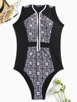 Wholesale V-Neck Floral Print Zip Back One-Pieces