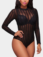 Wholesale Black Perkins Collar Long Sleeve Stripe Bodysuits