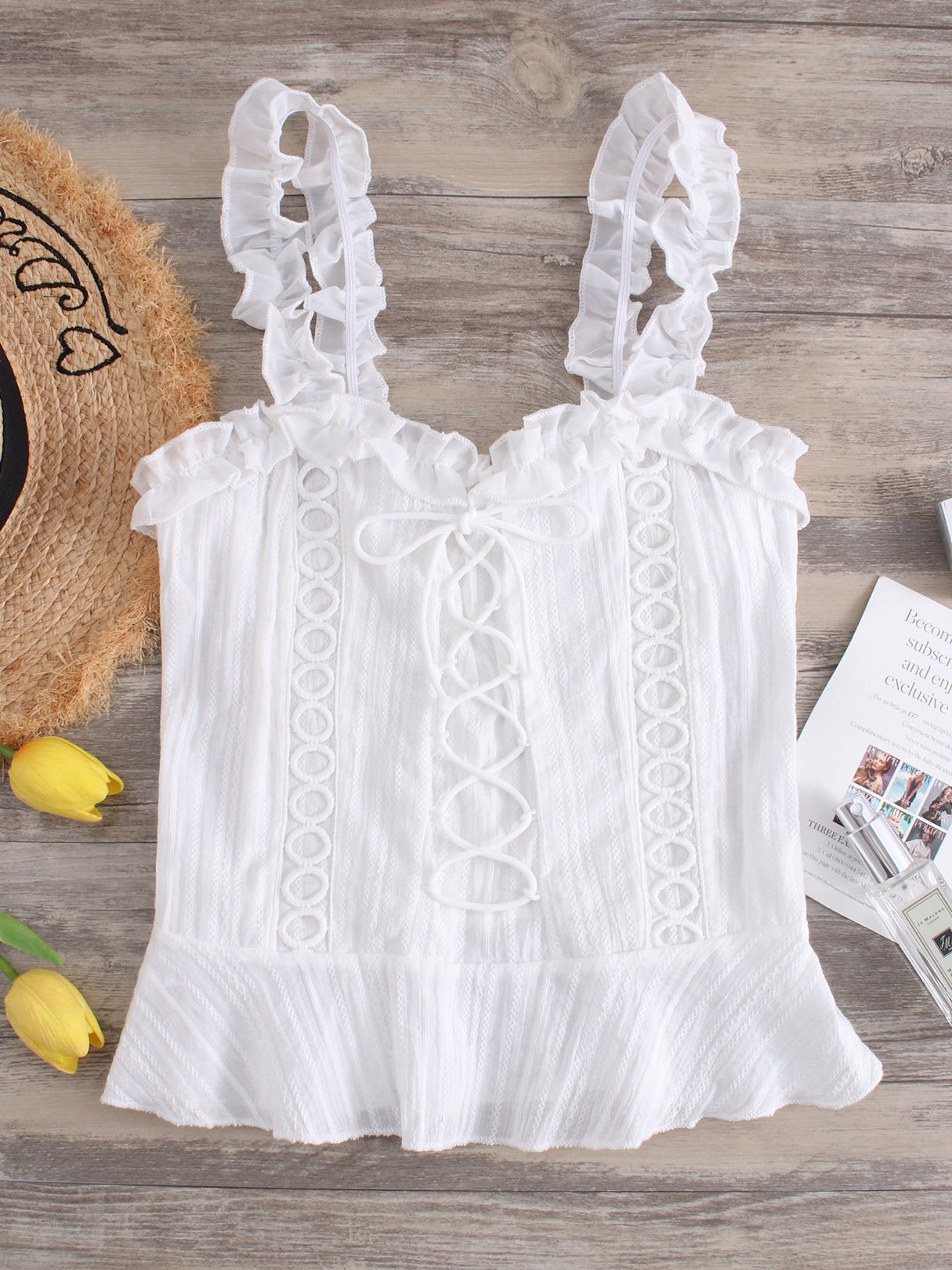 Wholesale Plain Lace-Up Sleeveless White Camis