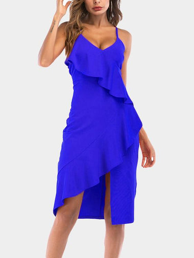 Wholesale Blue V-Neck Sleeveless Plain Backless Spaghetti Strap Wrap Flounced Hem Dresses