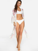 Wholesale White Long Sleeve Floral Print Slit Hem Beach Cover Ups
