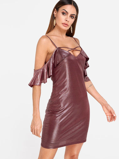Wholesale Burgundy V-Neck Cold Shoulder Sleeveless Dresses