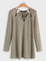 Wholesale Scoop Neck Plain Cut Out Criss-Cross Long Sleeve Beige T-Shirts