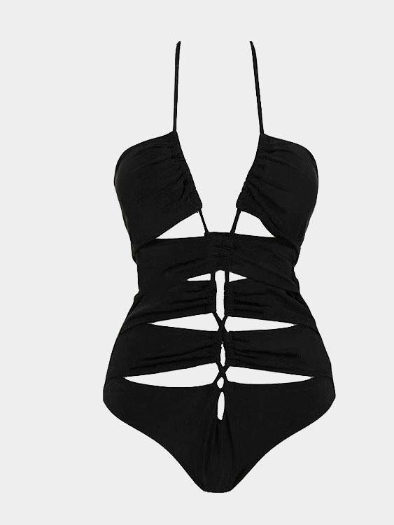 Wholesale Black V-Neck Sleeveless Backless Cut Out One-Pieces