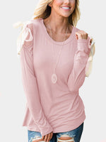 Wholesale Round Neck Cold Shoulder Plain Lace-Up Cut Out Long Sleeve Light Pink T-Shirts