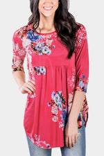 Wholesale Round Neck Floral Print 3/4 Sleeve Curved Hem Red T-Shirts
