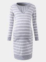 Wholesale Grey Round Neck Long Sleeve Stripe Side Pockets Casual Dress