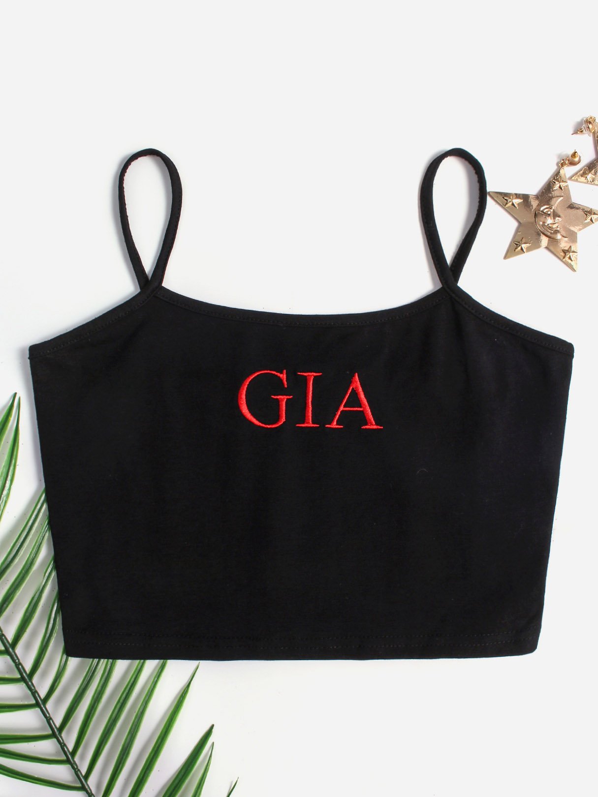 Wholesale Square Neck Letter Embroidered Backless Spaghetti Strap Sleeveless Black Camis