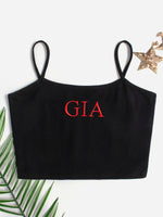 Wholesale Square Neck Letter Embroidered Backless Spaghetti Strap Sleeveless Black Camis
