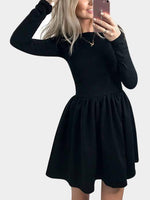 Wholesale Black Round Neck Long Sleeve Pleated High-Waisted Sexy Dress
