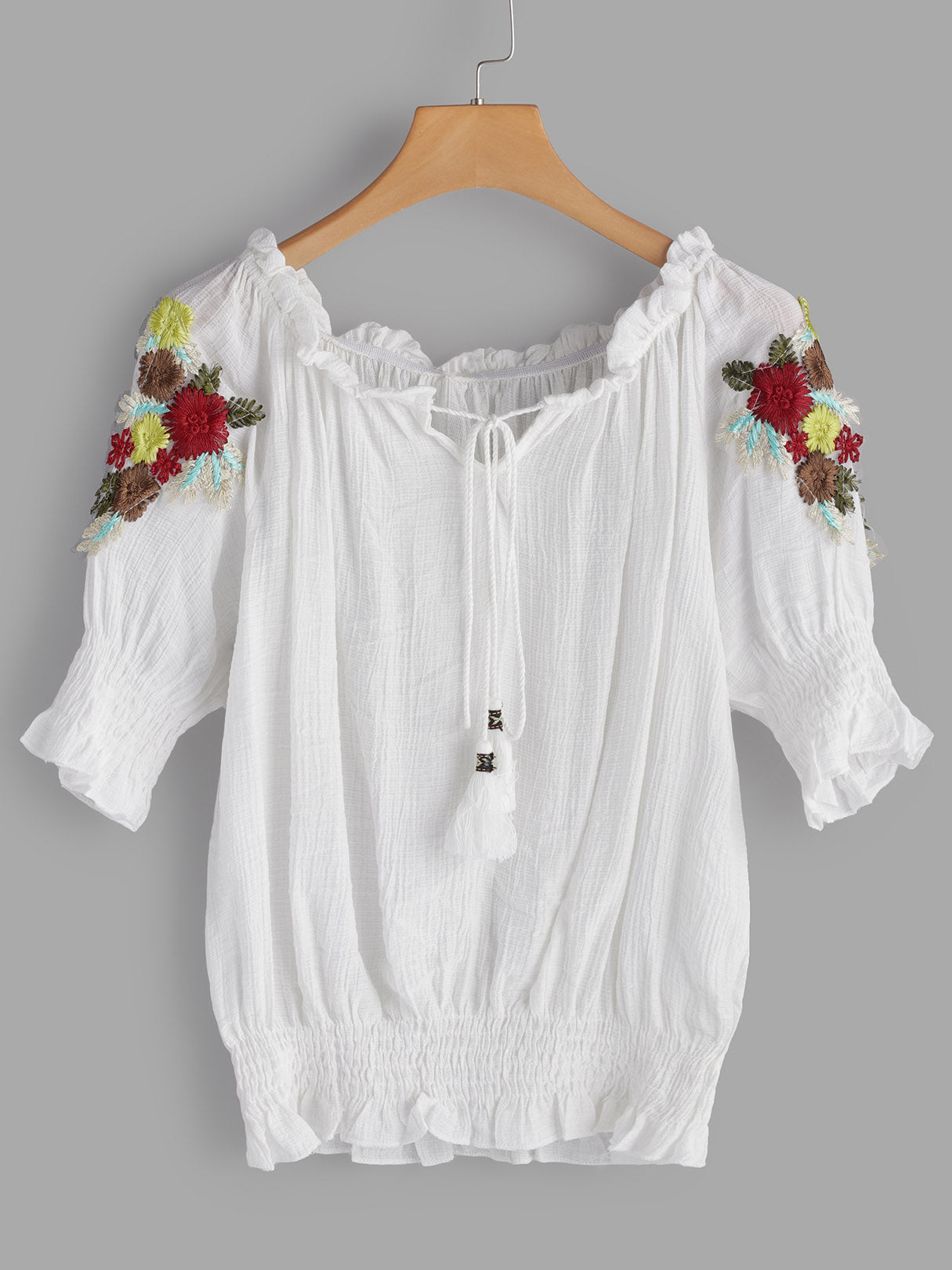 Wholesale Off The Shoulder Embroidered Tassel Pleated Half Sleeve White Plus Size Tops