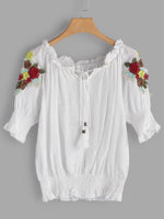 Wholesale Off The Shoulder Embroidered Tassel Pleated Half Sleeve White Plus Size Tops