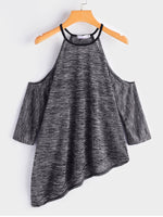 Wholesale Cold Shoulder Plain Half Sleeve Irregular Hem Black Top