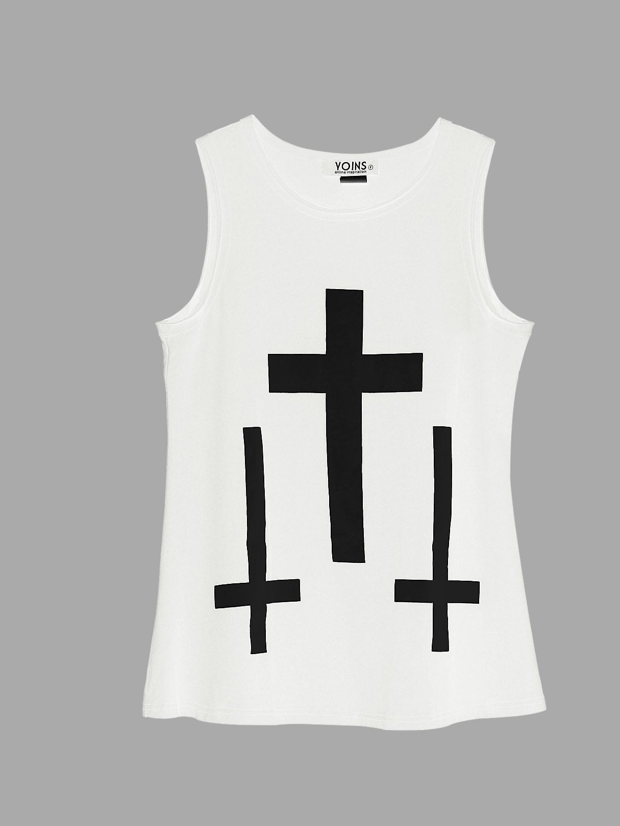 Wholesale Round Neck Sleeveless Cross Print White Tank Top