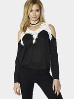 Wholesale V-Neck Cold Shoulder Lace Long Sleeve T-Shirts