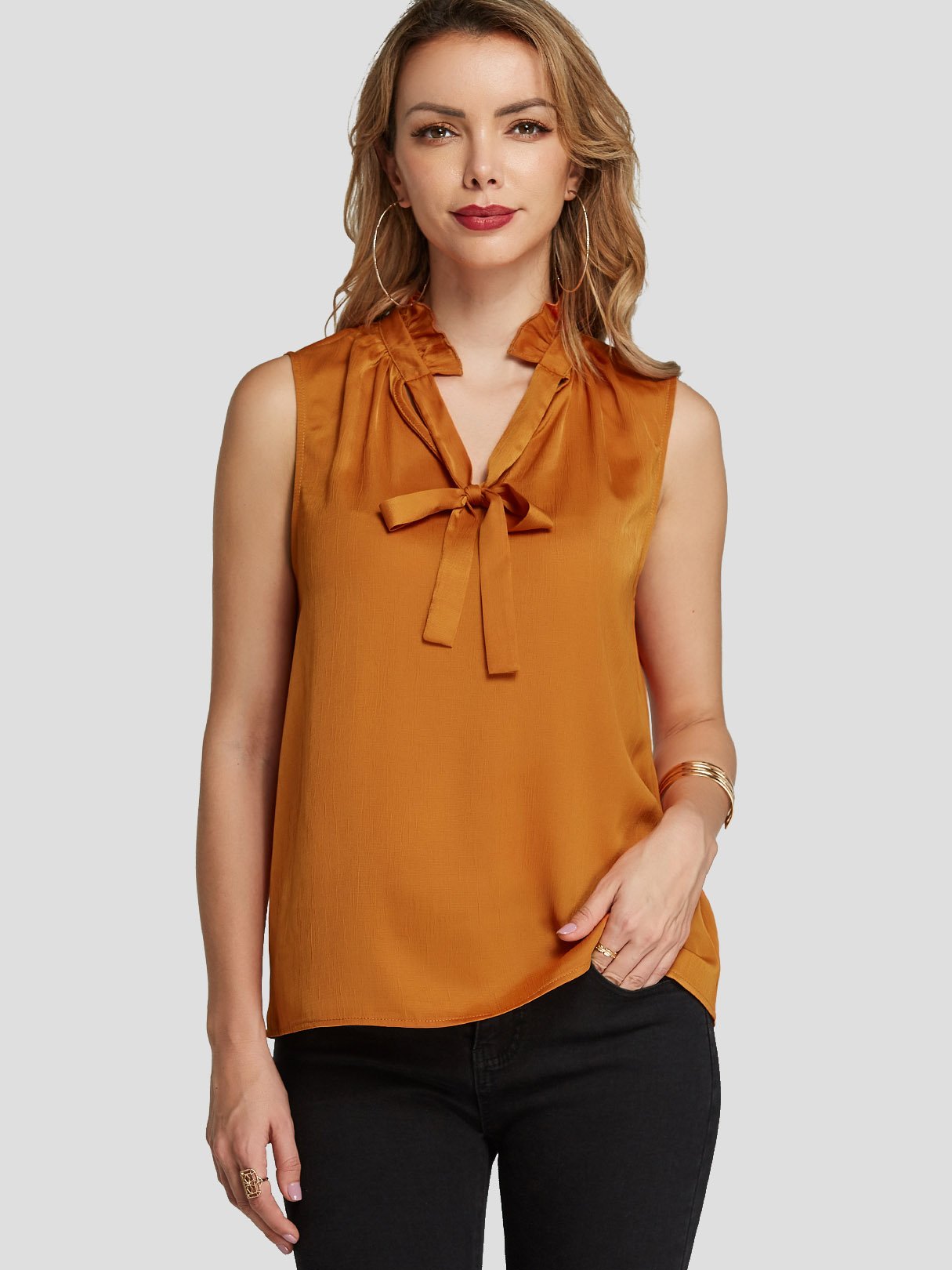 Wholesale Frill Neck Plain Tie-Up Sleeveless Orange Tank Top