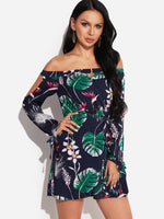 Wholesale Off The Shoulder Long Sleeve Floral Print Belt Dresses