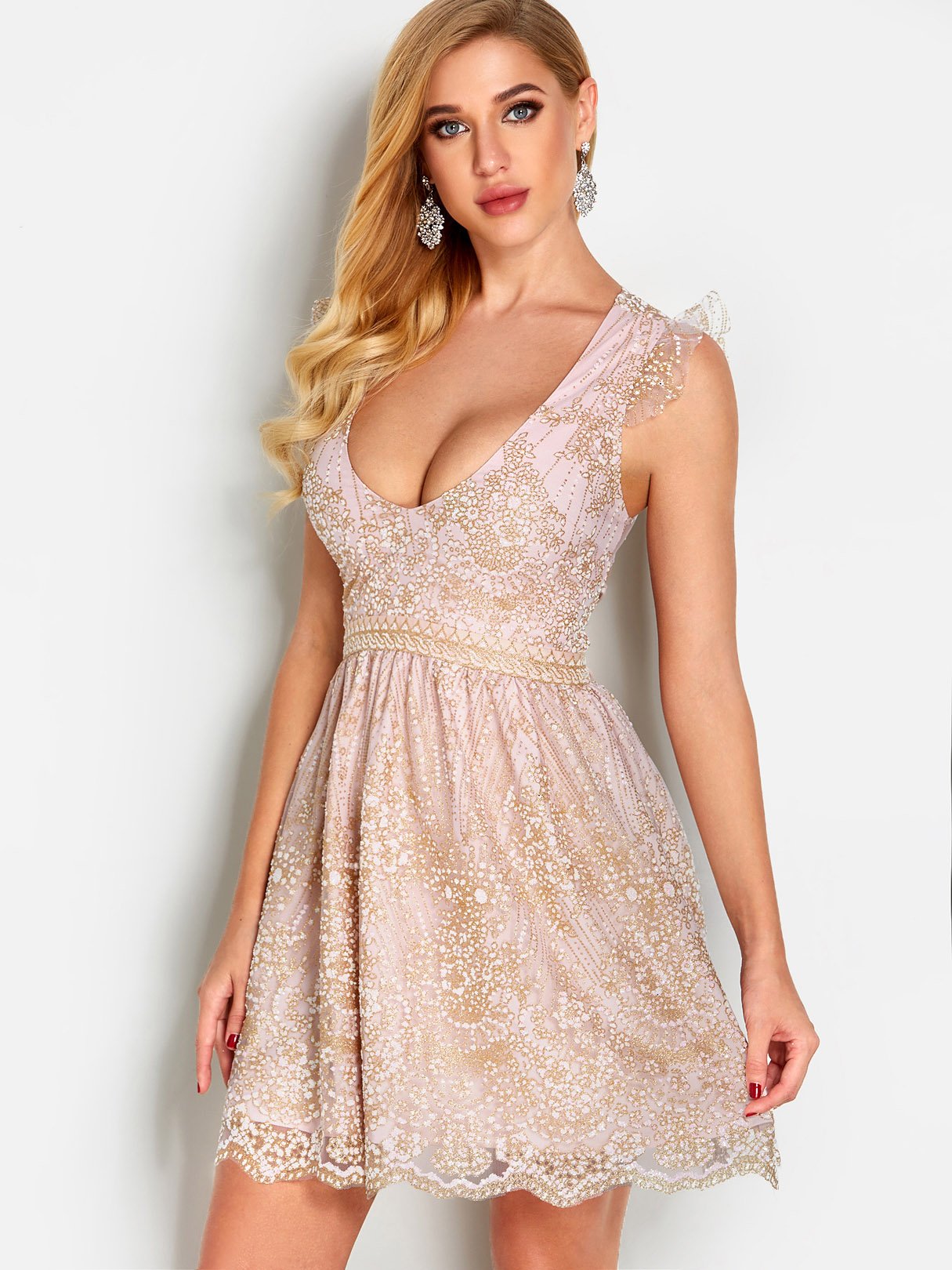 OEM Ladies Pink V-Neck Dresses