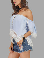 Wholesale Off The Shoulder Lace Cut Out Half Sleeve Irregular Hem Light Blue T-Shirts