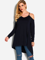 Wholesale Cold Shoulder Long Sleeve Slit Hem Navy T-Shirts