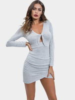 Wholesale Grey V-Neck Long Sleeve Irregular Hem Dresses