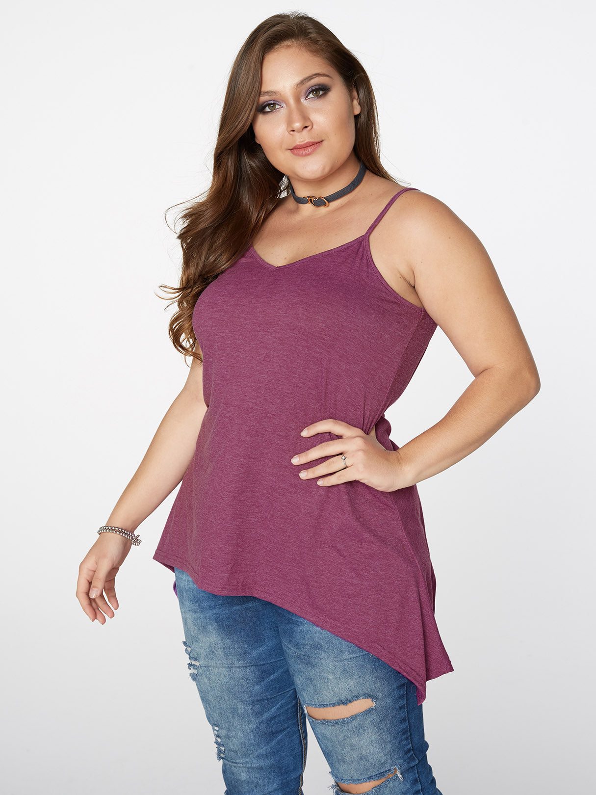 Wholesale V-Neck Plain Backless Spaghetti Strap Sleeveless Irregular Hem Plus Size Tops