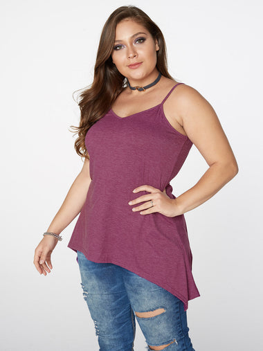 Wholesale V-Neck Plain Backless Spaghetti Strap Sleeveless Irregular Hem Plus Size Tops