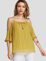Wholesale Cold Shoulder Self-Tie Half Sleeve Yellow Blouses