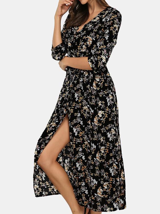 Wholesale Black V-Neck Half Sleeve Slit Dresses